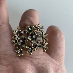 Large Floral Brassy Metal Cocktail Ring with Rhinestones approx. size 10